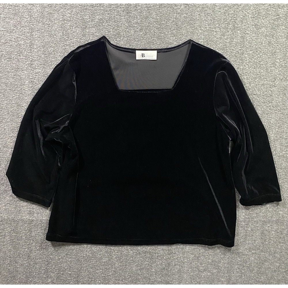 AB Studios Velvet 3/4 Sleeve Top Black Elevated Casual Chic Blouse Size M